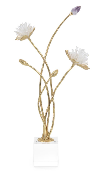 Embellished with white quartz flowers and amethyst stones, this elegant brass flower bouquet is mounted on a glass base for a dramatic, sculptural art piece House of Reem by Reem Akkad Design