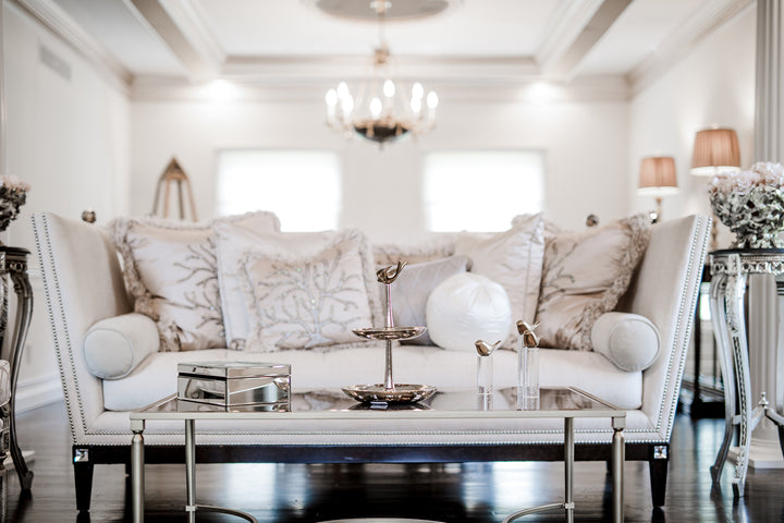Reem Akkad Design Rochester Michigan Detroit luxury white sofa with texture pillows close up